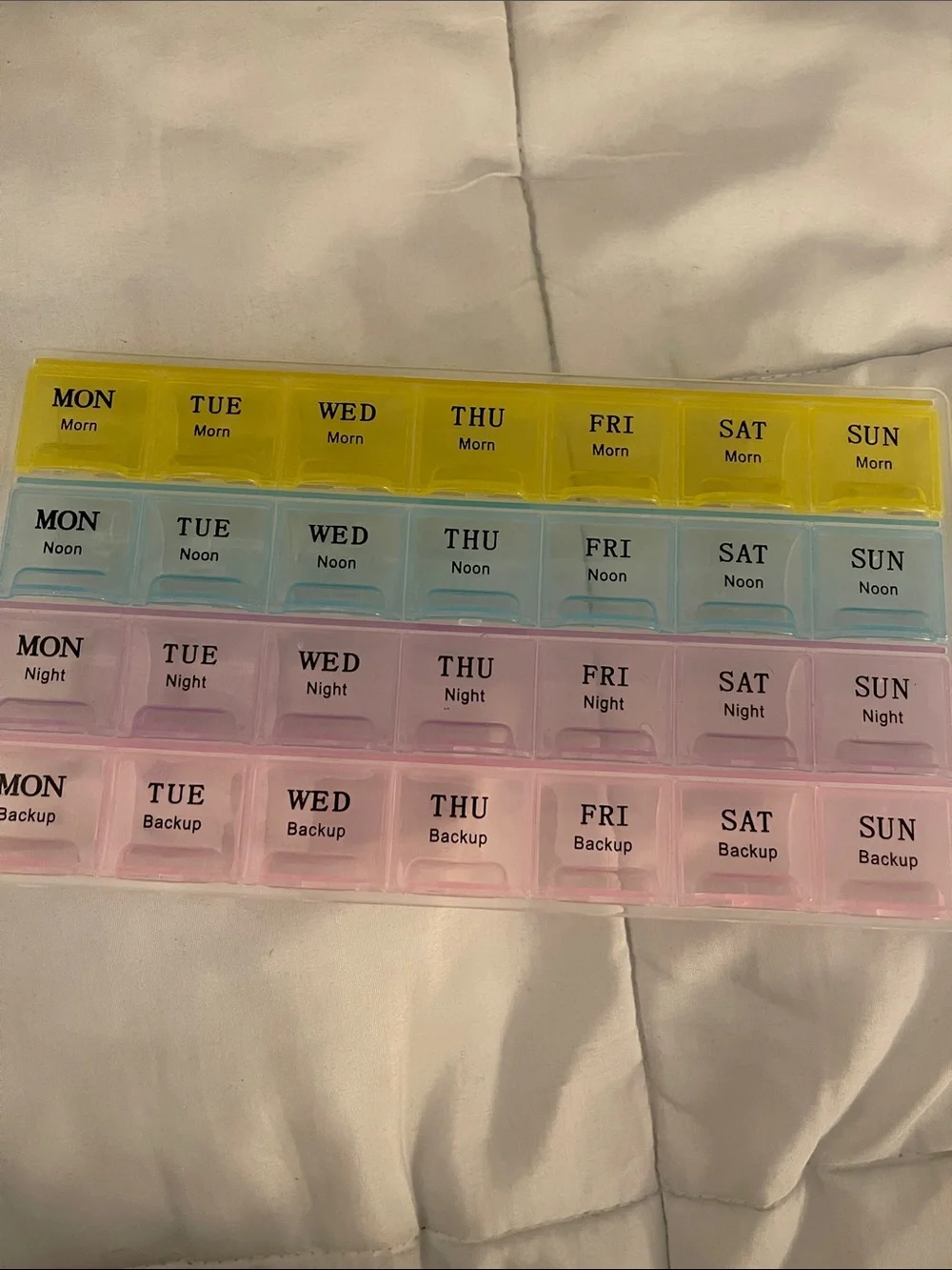 Weekly 4-Times-a-Day Pill Organizer - Yellow, Blue, Pink